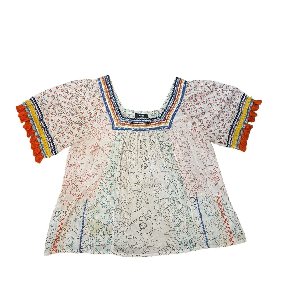 Embroidered‎ Tassel Square Neck Boho Blouse Bohemian Festival Artistic Medium - Picture 8 of 10